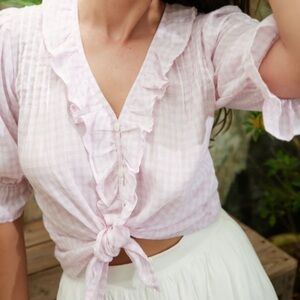 $169  Paneros Women's Chloe Shirt  Pink Plaid  Cotton Ruffle Short Sleeve Sz M